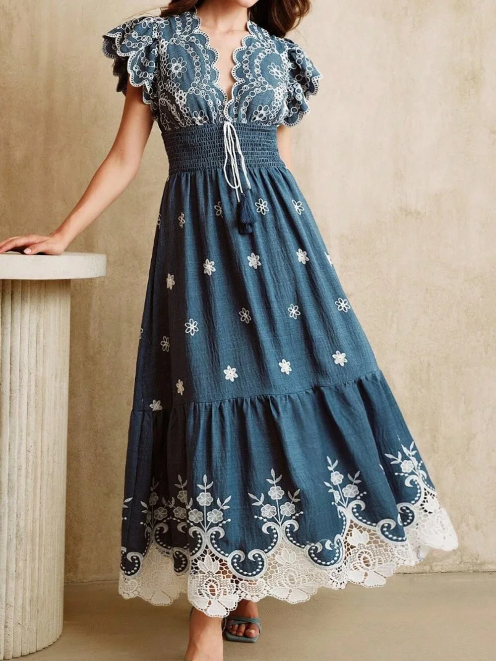 Blue Boho Women's Embroidered Lace Patchwork V-Neck Maxi Dress Short Sleeves - Picture 5 of 7